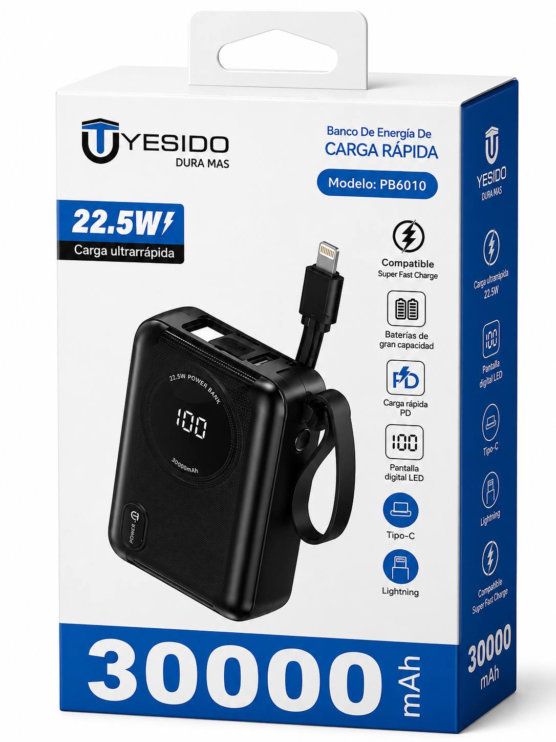 Power Bank Yesido 30.000 mAh Carga Rápida 22.5W
